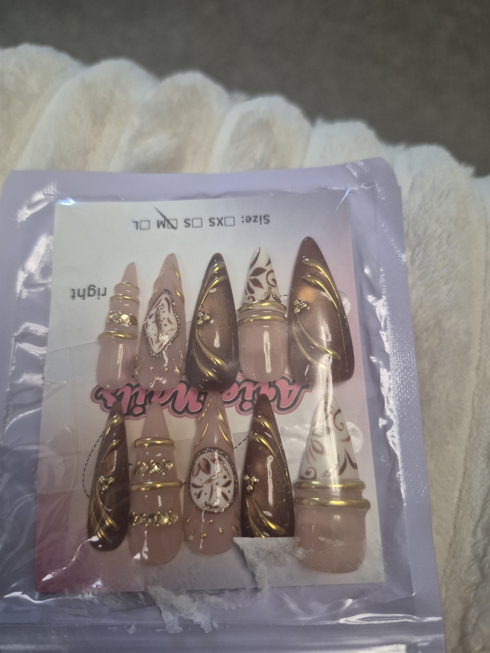3D Luxury Gold & Brown Stiletto Press On Nails Set